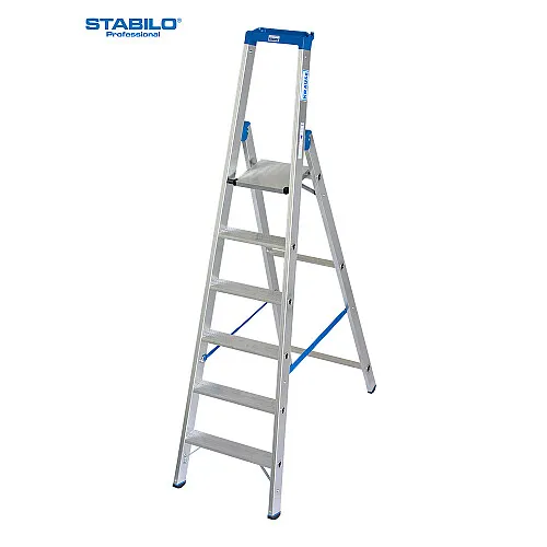 KRAUSE Stehleiter STABILO 6 Sprossen, silberfarben - Leiter für innen und außen, mit 10 Jahren Herstellergarantie, zusammenklappbar und belastbar bis 150 kg, ideal für vielseitige Einsatzmöglichkeiten.