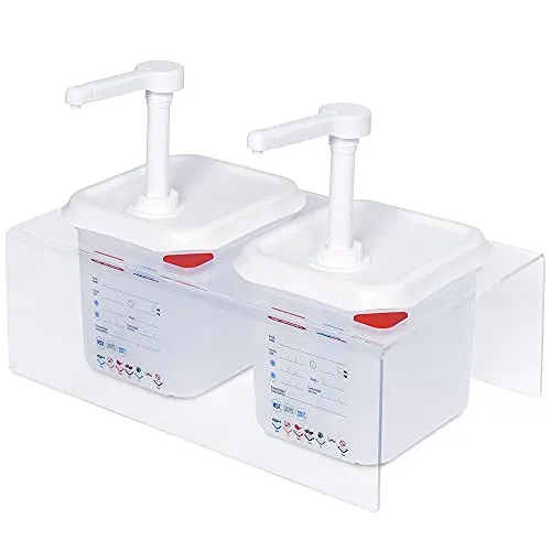 Soßenspender Set 2x GN1/6 mit transparenter Halterung - Dressing-Shaker Set mit hygienischer, spülmaschinenfester Halterung für eine einfache Handhabung und 30 ml pro Hub - ideal für Gastronomie und Buffets.