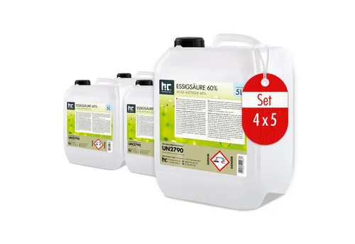 Höfer Chemie 4x 5 L Essigsäure 60% - Premium Reiniger - Reinigungsmittel mit 60% Essigsäure für effektive Entkalkung und umweltfreundliche Reinigung. Made in Germany, biologisch abbaubar und sicher durch Kindersicherheitsverschluss.