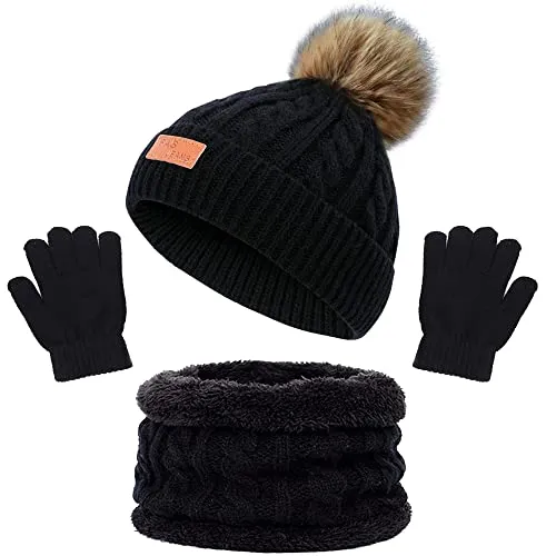 beifon Kinder Wintermütze Schal Handschuhe Mädchen Set Kindermütze Strickmütze Mütze Schal Set Mädchen Jungen Warme Winter Beanie Hut Handschuhe für Kinder 3-8 Jahre