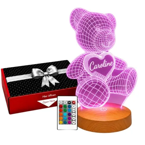 Geschenkelampe Personalisiertes Teddybär Nachtlicht Kinder mit Name, LED Nachtlampe Baby Kinderzimmer Deko, Individuelle Acryl Lampe Geschenk zur Geburt Taufe Weihnachten für Jungen Mädchen