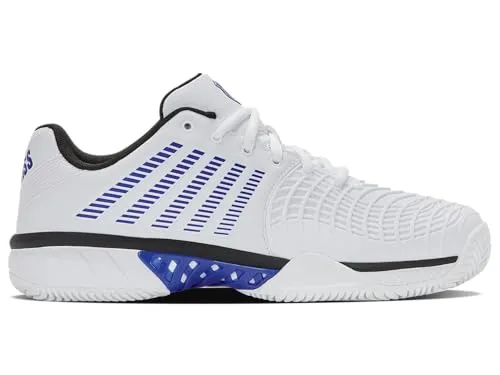 KSwiss Tennisschuhe Express Light 3 Clay/Sandplatz 2026 - Leichte Tennisschuhe für Herren in Weiß/Dazzlingblau, ideal für Asche- und Kunstrasenplätze. Die robuste HB-Sohle bietet optimalen Grip und das moderne Design sorgt für einen sportlichen Look.