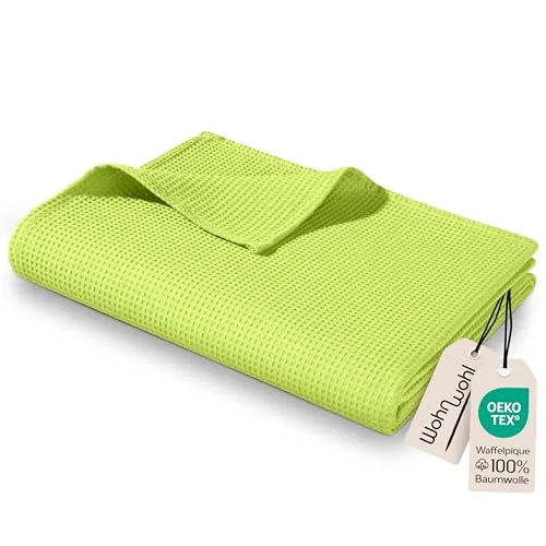 WOHNWOHL® Tagesdecke (220x240cm) • Große Waffelpique Decke • 100% Baumwolle • Sommerdecke • Sofa-Decke • Pflegeleichte Wohndecke • Überwurfdecke • Baumwolldecke • Farbe: Grün