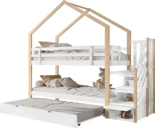 Etagenbett Kiefer 90x200 cm mit 3 Liegeflächen und Rausfallschutz