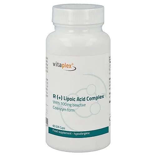 Vitaplex R(+) Alpha-Liponsäure hochdosiert (400 mg, 60 DR Kaapseln) - Alpha Lipoic Acid in Coenzym R-Form und Racemats Form - Magensaftresistente Kapseln