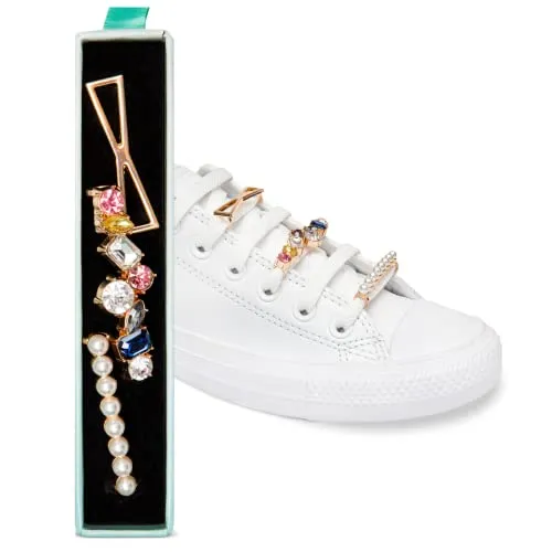 leazy Bling - Schuhschmuck für Sneakers, Freizeitschuhe – Schuh Schmuck Clips in Gold mit Strassteinen, Perlen - Schnürsenkel Anhänger für Mädchen und Damen