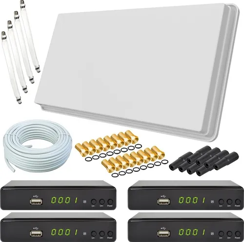 Selfsat H30D4+ Flachantenne Quad + 4x HD RECEIVER + 50m Kabel + Fensterhalterung + 4 Fensterdurchführung + 16 F-Stecker + 8 Wetterschutztüllen (Full HD 4K UHD Sat Anlage für 4 Teilnehmer)