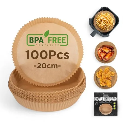 MasterPRO Foodies - Backpapier für Heißluftfritteuse, BPA-Frei, 100 Stück Set runde 20cm Papierförmchen für Air Fryer mit 3-4.5L Korb, Ungebleicht, Ideales Zubehör für AirFryer