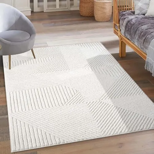 carpet city Kurzflor Teppich Creme 160x230 cm - Hochtief-Muster für modernes Wohnen - Teppich für Wohnzimmer und Schlafzimmer mit 3D-Effekt Hochtief-Muster. Pflegeleicht und strapazierfähig, ideal für jeden Wohnstil.