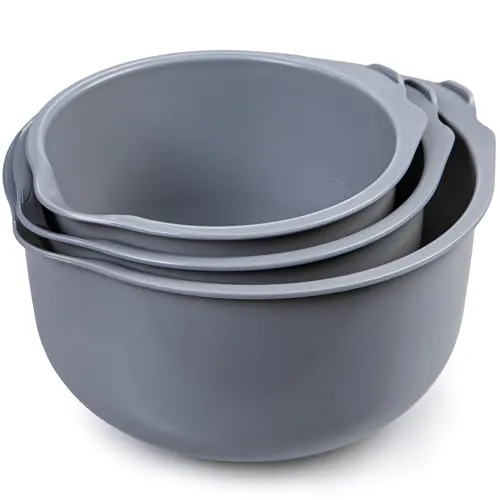 KONZEPT Rührschüssel Set 3-teilig aus Kunststoff in Grau – mit Ausgießer, Anti-Rutsch-Boden, stapelbar, mit Messskala, spülmaschinengeeignet – ideal zum Backen, Mischen & Aufbewahren