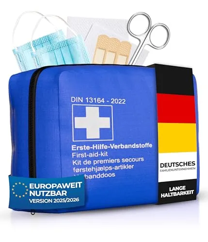 Thomatex® KFZ Verbandstasche 2025/2026 [DIN 13164-2022] – Kompakter Verbandskasten – Lange Haltbarkeit – Erste-Hilfe-Set, StVO-konform – Blau