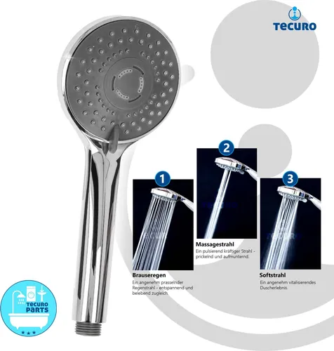 tecuro Komfort-Handbrause Ø 100 mm - mit 3-Funktionen und Antikalknoppen, verchromt