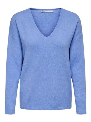 ONLY Damen Strickpullover Onlrica Life V-Ausschnitt, Provence, M - Pullover für Damen mit überschnittener Schulter, aus softem, elastischem Materialmix mit recyceltem Polyester für hohen Tragekomfort und Pflegeleichtigkeit.