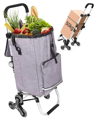 Homecall Einkaufstrolley klappbar Einkaufswagen mit 50L + 5L kühlfunktion Bis 50KG, Einkaufstasche mit Rollen 3 in 1 Shopping Trolley & Sackkarre & Umhängetasche (Geometrie-Print, Treppensteiger)