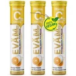 EVÄM Vitamin C 1000 mg Brausetabletten – Immunsystem | Hochdosiert 1250% NRV | Vegan | Zuckerfrei |  Germany | Orangengeschmack  |  3x 20 Tabs