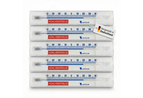 Lantelme Kühlschrankthermometer 5 Stück Set Waagrecht Selbstklebend Gefrierschrank Thermometer, 5-tlg., 5 Kühlschrank Thermometer im Set, Temperatur + - 40°C Analog, 14 cm, Deutsche Herstellung