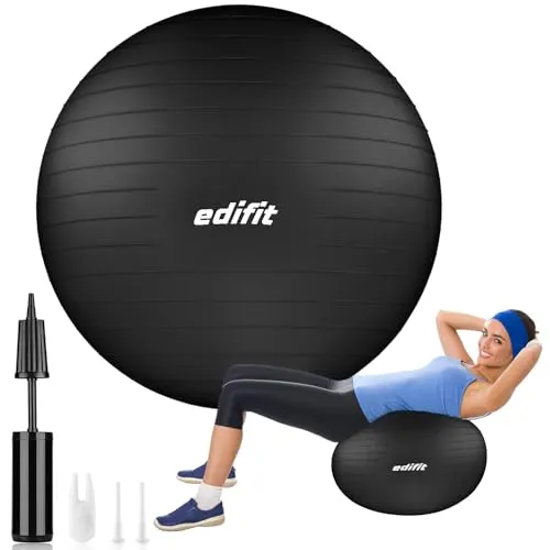 EDIFIT, Gymnastikball, 55, 65 und 75, Pezziball, Einschließlich Inflator, Pilates Ball, Sitzball, Pilates, Yoga Ball, Gymnastik (75 cm, Schwarz)