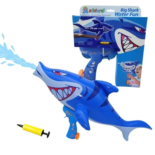 alldoro 60126 Aufblasbare Wasserpistole Hai, 250 ml Tank, mit Pumpe - aus Kunststoff - bunt, 70 x 38 cm, Blau