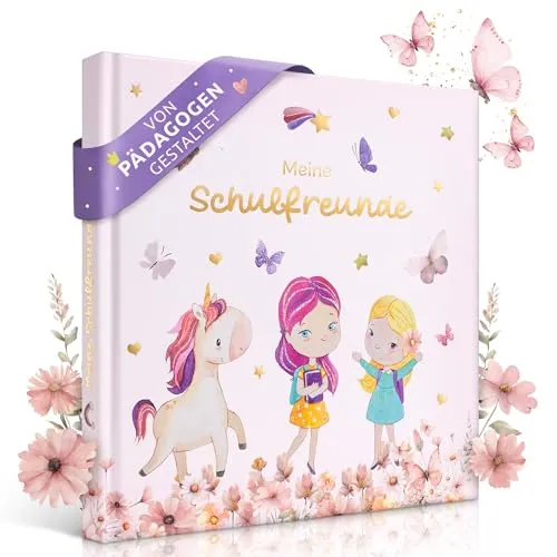 EULENTALER® Freundebuch Schule für Mädchen Einhorn I Von Pädagogen gestaltet I Handgemalte Einhörnern, Schmetterlinge & Blumen I Geschenk zur Einschulung I Goldprägung I Schulfreundebuch Grundschule
