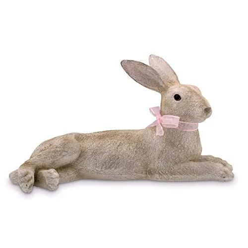 große Deko Hasen Figur Kunststein 48 cm - liegender Osterdeko Hase mit rosa Schleife und Fell-Optik - braune XXL Polyresin Osterhasen Frühjahresdeko zum hinstellen