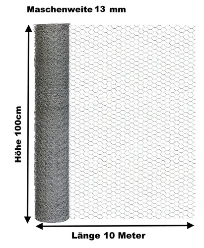 Sechseckdraht für Volieren und Zäune – Verzinkter Kaninchendraht 100cm x 10m - Maschendraht für Kleintiergehege, robust und wetterfest. Ideal für Gartenumzäunungen und Rankhilfen, mit einer Drahtstärke von 0,8 mm und sechseckigen Maschen.