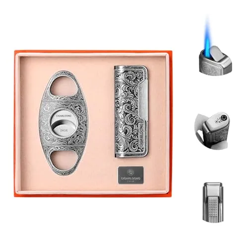 CIGARLOONG Zigarrenschneider und Feuerzeug Set Silberne Schärfklinge Gravierte Zigarrencutter und Retro Geschnitztes Feuerzeug