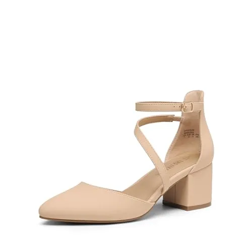 DREAM PAIRS Damen-Pumps mit geschlossenem, spitzem Zehenbereich und niedrigem Blockabsatz, Knöchelriemen, Hochzeitsschuhe, Elegante Schuhe,Size 40.5,Beige Nubuck,SDPU2354W