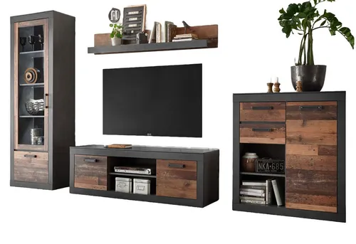 Furn.Design Wohnwand Ward – 4-teiliges modernes Used-Wood-Design - Moderne Wohnwand in Used Wood Optik, bestehend aus Vitrine, TV-Lowboard, Wandboard und Kommode. Bietet viel Stauraum bei geringem Platzbedarf und fügt sich harmonisch in jedes Wohnambiente ein.