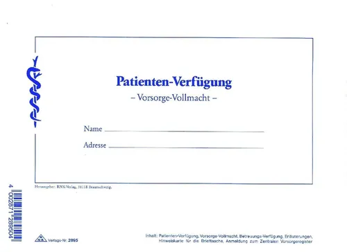RNK Verlag Formularblock Vordruck Patienten-Verfügung (10 Stück)