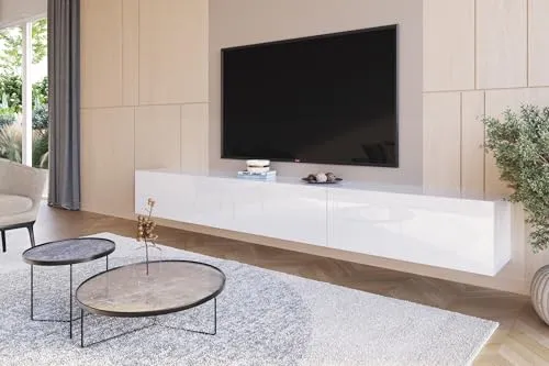 HAJDUK FURNITURE Lowboard Hängend Hochglanz Weiß 270 cm - TV-Bänke & Lowboards mit Push-to-Open System für elegantes Öffnen ohne Griffe – ideal für modernes Wohnzimmer und Fernseher bis 85 Zoll.