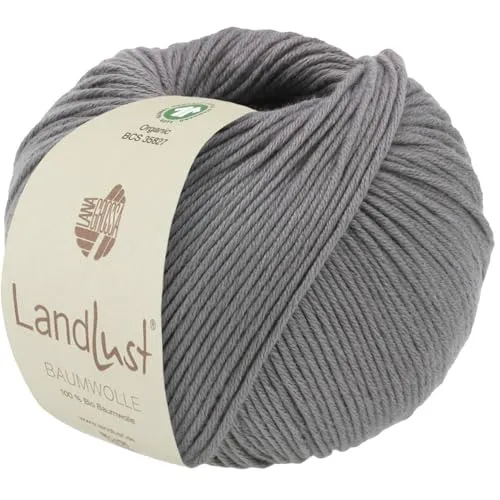 LANA GROSSA Landlust Baumwolle | Klassisches Bio-Baumwollgarn, Gots zertifiziert | Handstrickgarn aus 100% Baumwolle (Bio) | 50g Wolle zum Stricken & Häkeln | 115m Garn FB 2 Grau