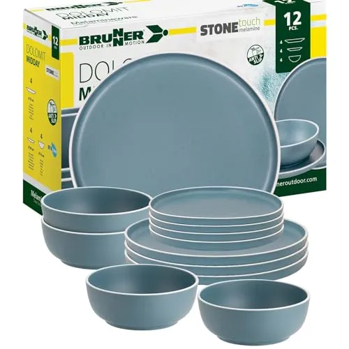 BRUNNER Melamin Geschirr-Set Camping | 12-teilig für 2-4 Personen - Hochwertiges, kratzfestes Melamingeschirr für Camping, Picknick oder Grillen. Stapelbar, hitze- und feuchtigkeitsbeständig. Inklusive 4 großen Tellern, 4 Desserttellern und 4 Schüsseln – ideal für gesellige Mahlzeiten.