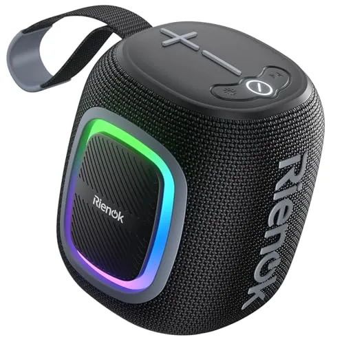RIENOK Bluetooth Lautsprecher Klein mit Licht und FM Radio - Tragbarer Bluetooth-Lautsprecher mit 15 Stunden Spielzeit und wasserdichtem Design. Genießen Sie RGB-Lichteffekte, die im Takt der Musik pulsieren – perfekt für jede Outdoor-Party!