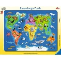 Kinderpuzzle Weltkarte mit Tieren 30 Teile - Rahmenpuzzle für Kinder ab 4 Jahren, fördert spielerisch das geografische Wissen und die Tierwelt.