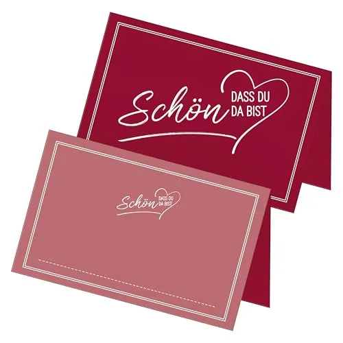 itenga 48x Tischkarten „Schön, DASS du da bist“ V2 – Platzkarten Namensschilder – 9 x 5 cm – ideal für Hochzeit, Taufe, Geburtstag, Feier – 13 Farben verfügbar (Bordeaux rot)