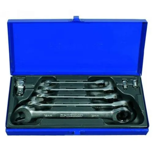 PROMAT Knarrenringmaulschlüsselsatz 8-tlg. SW 8-19mm - Werkzeug-Set mit 72-Zahn Mechanik für präzises Arbeiten, verchromt und aus robustem CV-Stahl, ideal für Profis und Hobby-Handwerker.