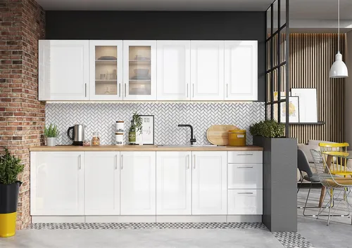 Küche Küchenzeile NATALIA 260 cm WEISS HOCHGLANZ ohne Arbeitsplatte