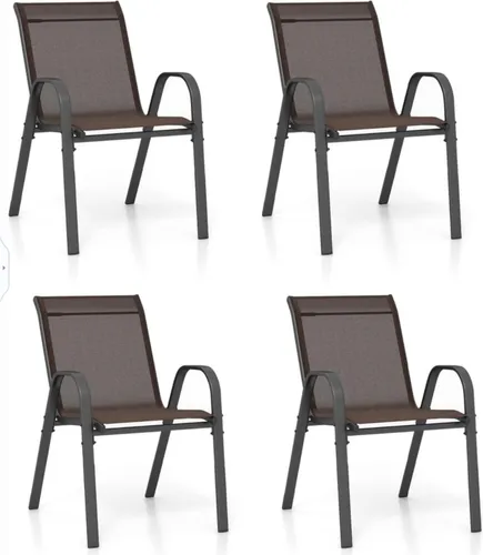 GOPLUS Gartenstühle 4er Set - Stapelbare Bistrostühle mit Armlehne, Braun - Gartenstühle Set, robust und wetterfest, bis 150 kg belastbar. Ideal für Balkon und Terrasse, bequemes Sitzerlebnis mit hoher Rückenlehne und platzsparendem Design.