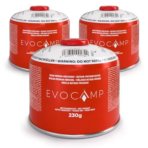 EVOCAMP 3X Gaskartuschen 230g mit Schraubventil, EN417 Schraubkartusche mit 7/16