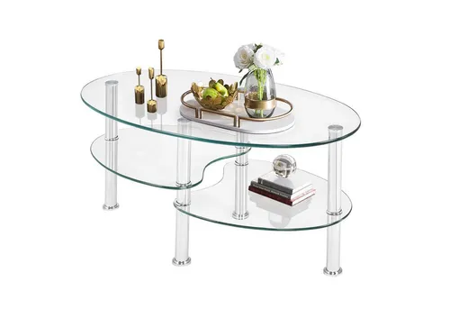 GOPLUS Ovaler Glastisch mit 3-Etagen-Design - Moderner Couchtisch aus Sicherheitsglas mit elegantem 3-Etagen-Design für optimalen Stauraum. Ideal für Wohnzimmer, Schlafzimmer oder Balkon – einfach zu installieren und leicht zu reinigen.