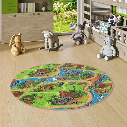 Snapstyle Kinderteppich Dino Welt Grün Rund - Teppich für Kinderzimmer, schadstoffgeprüft und ideal für Parkett und Laminat, in 7 Größen erhältlich.