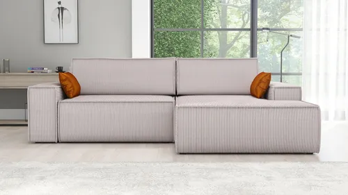 Ecksofa TOR mit Schlaffunktion in Grau – Modernes Design - Das elegante Ecksofa TOR überzeugt mit seiner Schlaffunktion und bietet zusätzlichen Stauraum. Aus strapazierfähigem Cord gefertigt, vereint es Komfort und Stil für Ihr Zuhause.