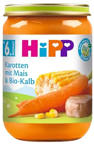 HiPP Karotten mit Mais und Bio-Kalb (6 x 190g), Menü ab 6. Monat, ohne Salzzusatz, mit Omega-3, glutenfrei, in bester Bio-Qualität