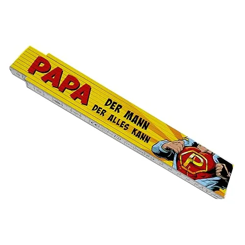 Meterstab aus Holz mit Superhelden-Design und Spruch - Papa Der Mann der alles kann als kleines Geschenk zum Vatertag für Papa den Superhelden der mit seinen magischen Händen