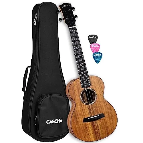 CASCHA Solid Top Acacia Tenor Ukulele Erwachsene & Kinder - inkl. 3 Plektren & gepolsterter Tasche - Ukulele für Anfänger & Fortgeschrittene - hochwertige Carbonsaiten - Top Qualität
