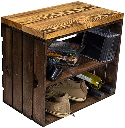 Kistenkolli Altes Land Sitzkiste Johanna Obstkiste und massiven Holzplanken Schuhablage Schuhkommode Hocker Sitzbank Holzbank Regalkiste aus Holz Maße 50 x 30 x 43cm L x T x H (Dunkel/geflammt)