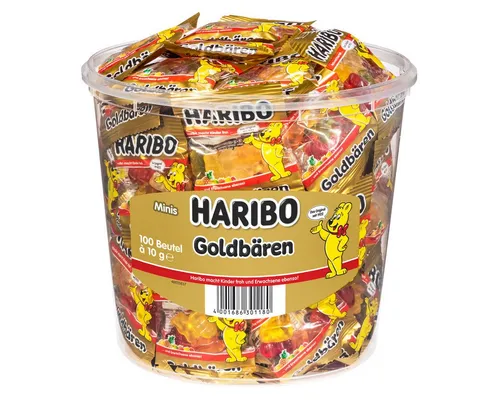 HARIBO Minibeutel Goldbären Fruchtgummi 980g 18er Pack - HARIBO Minibeutel Goldbären im praktischen 18er Pack. Ideal zum Teilen und Verschenken – jeder Beutel enthält portionierte Fruchtgummi-Klassiker in 6 fruchtigen Sorten. Perfekt für Schule, Büro oder Feiern!