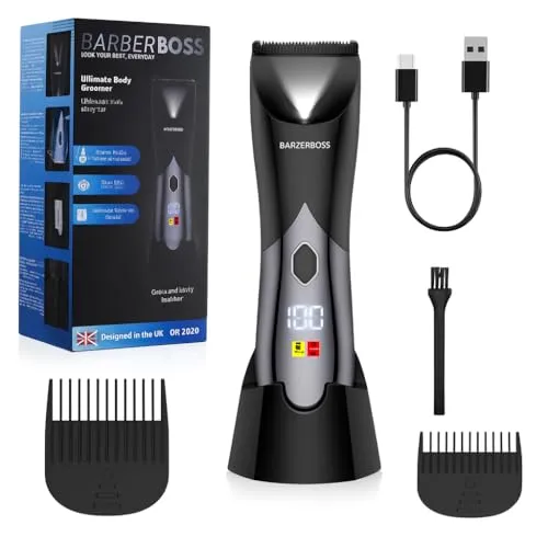 BarberBoss Herren-Bodygroomer, Bartschneider, Nass-/Trockenrasierer für Brust, Intimbereich und Intimbereich, wasserdichtes Design mit zwei Geschwindigkeiten, Reisesicherung und Ladestation