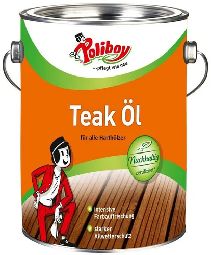 Poliboy Teak Öl dunkel - 2,5 Liter - Bodenpflege für geölte und naturbelassene Hölzer, reinigt, pflegt und schützt mit verbesserter Formel für langanhaltenden Allwetterschutz.