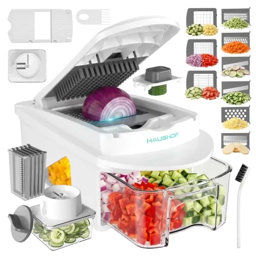 HAUSHOF Gemüseschneider 13-in-1, Mandoline Gemüsehobel, Würfelschneider | Mit 9 Edelstahlklingen, 4-in-1 Spiralschneider, Gemüse Schneider – zum Schneiden, Würfeln, Reiben & Gemüsenudeln Streifen